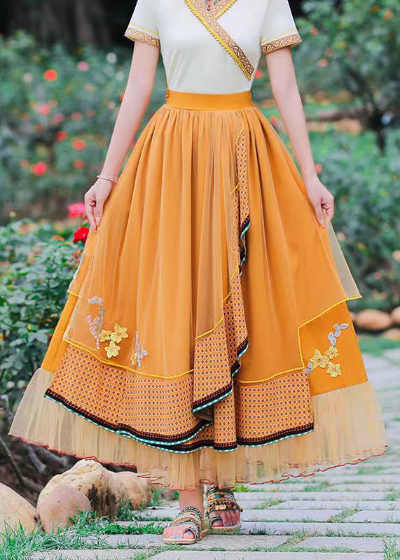 Yellow Asymmetrical Patchwork Tulle Skirts Spring