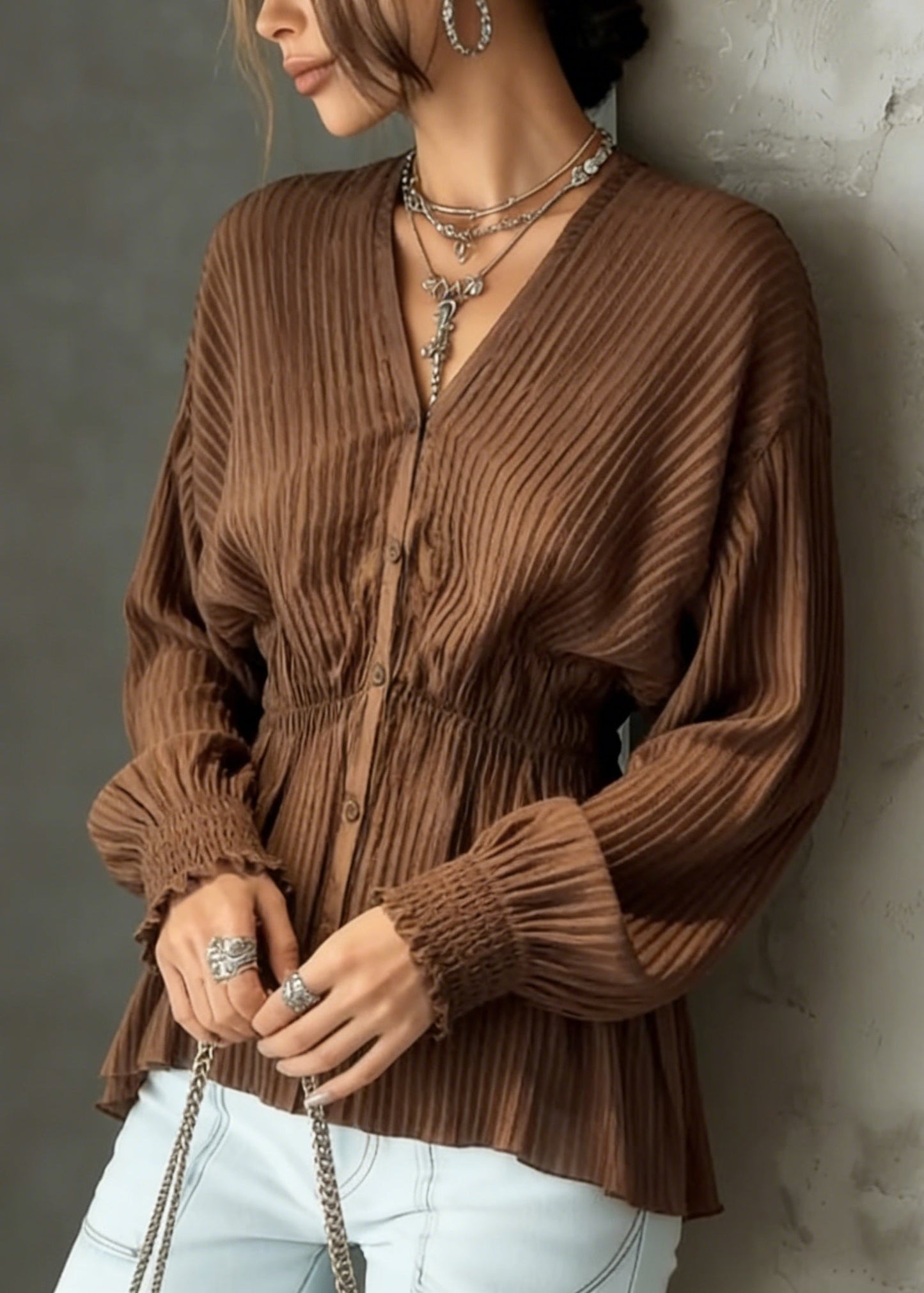 Unique Brown V Neck Button Wrinkled Cotton Shirt Spring