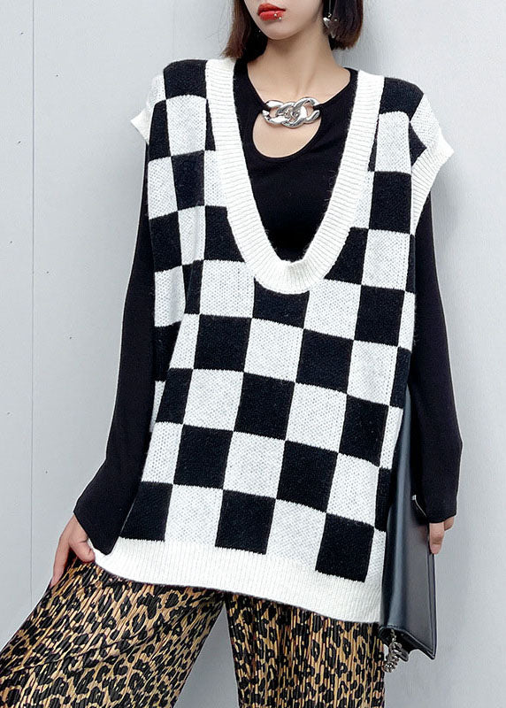 White Plaid V Neck Fall Knit Vest