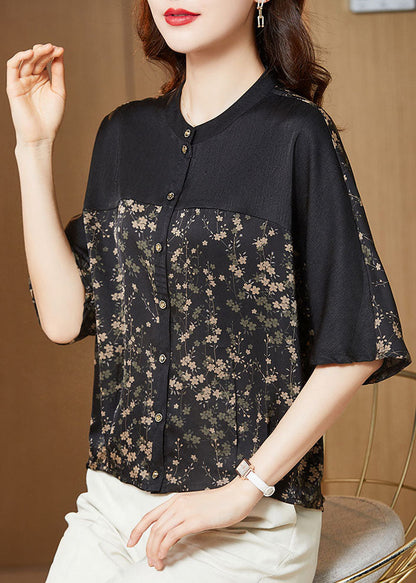 Modern Black O-neck Patchwork Print Silk Shirt Tops Half Sleeve