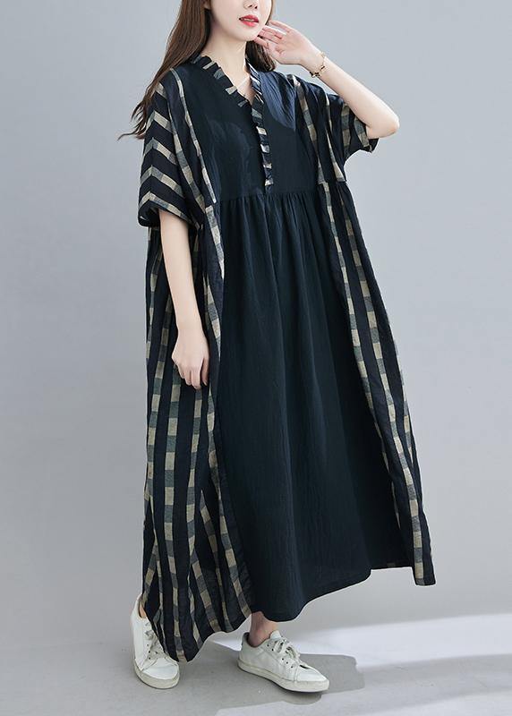 100% V Neck Patchwork Spring Clothes Sleeve Black Plaid Maxi Dress
