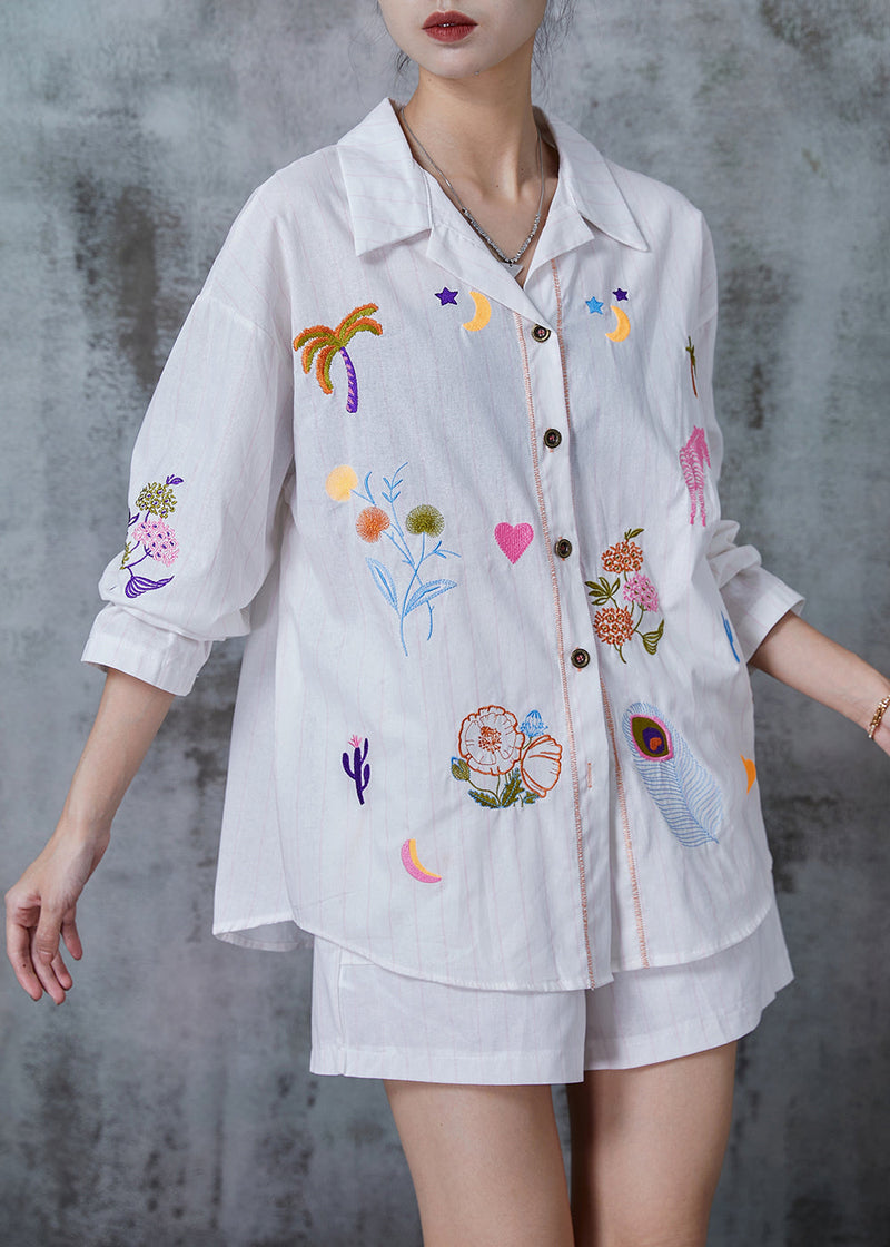 White Embroidered Linen Two-piece Set Summer