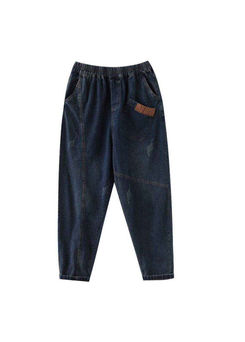 Blue Elastic Waist Pockets Cotton Denim Pants Spring