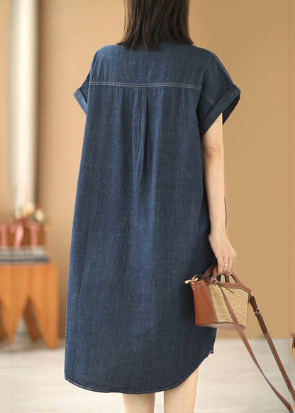 Navy Color Peter Pan Collar Button Cotton Denim Dresses Short Sleeve