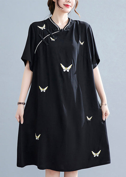 Black Stand Collar Button Butterfly Embroideried Cheongsam Dresses Short Sleeve