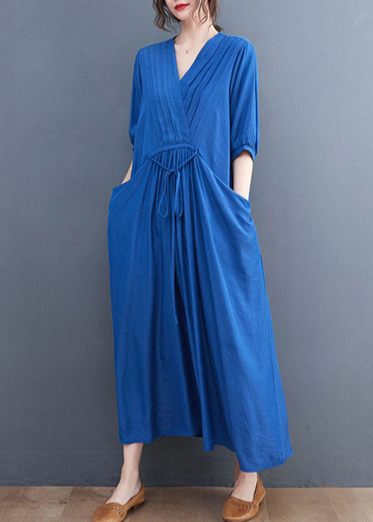 Blue Wrinkled V Neck Tie Waist Cotton Long Dress Short Sleeve