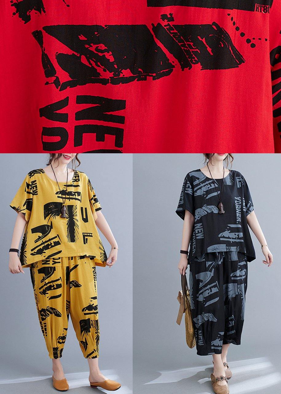 Black Print Crop Pants Two Pieces Set Summer