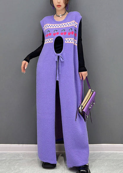 Purple Print Side Open Cashmere Knit Long Dresses Sleeveless