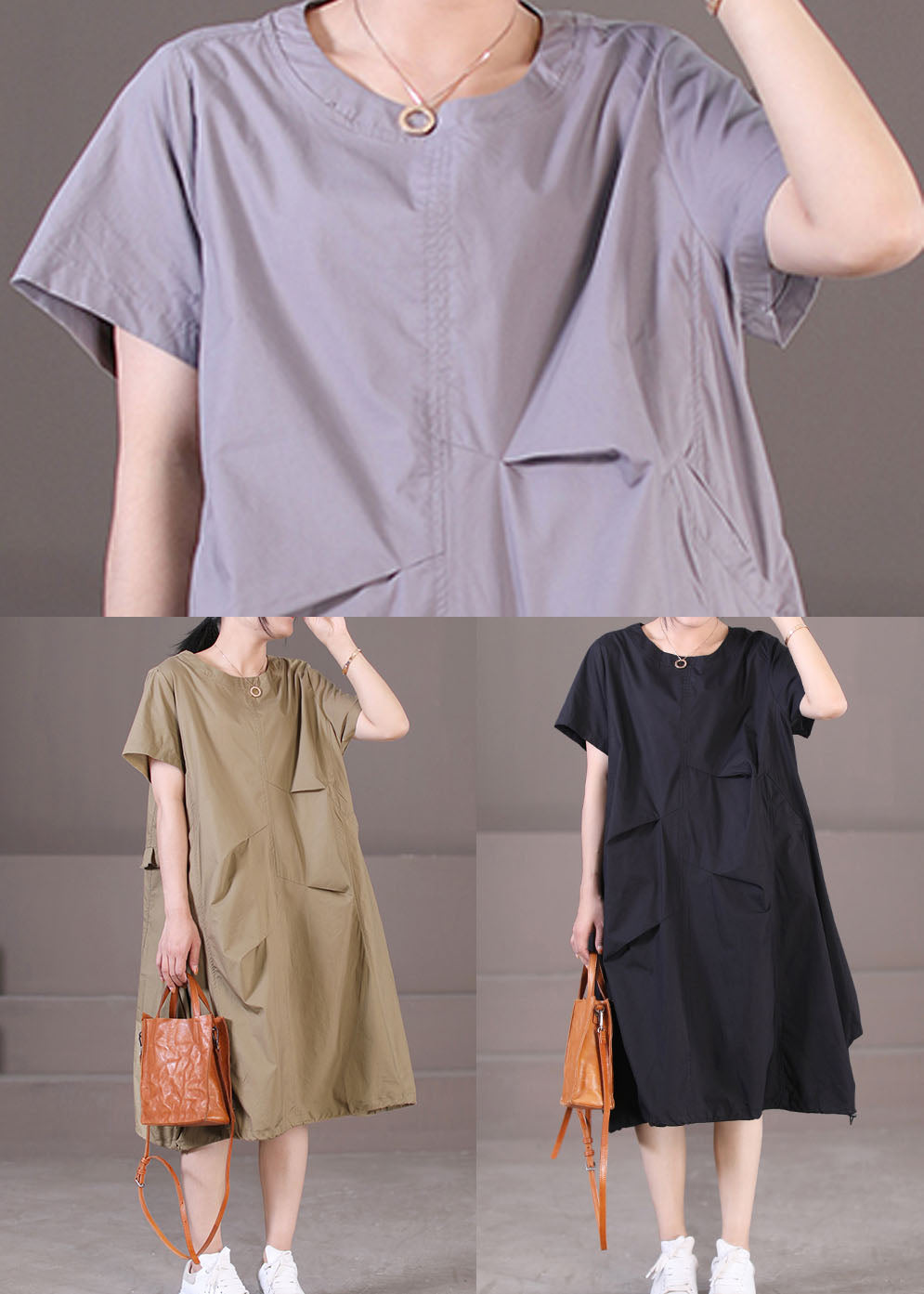 Italian Black O-neck Drawstring Cotton Long Dress Short Sleeve