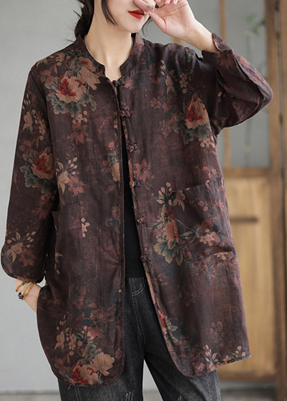 Coffee Stand Collar Print Button Linen Coat Long Sleeve