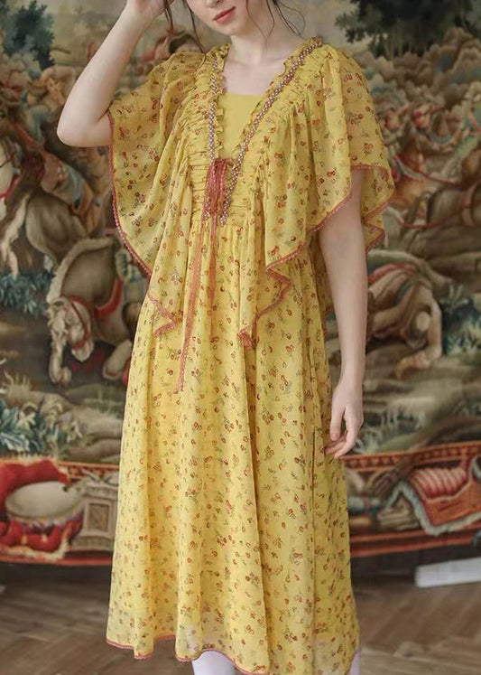 Yellow Ruffled Lace Up Nail Bead Chiffon Long Dresses Summer