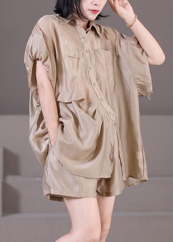 Khaki Silk Shirts and Shorts Two Piece Suit Set Drawstring Asymmetrical Button Summer