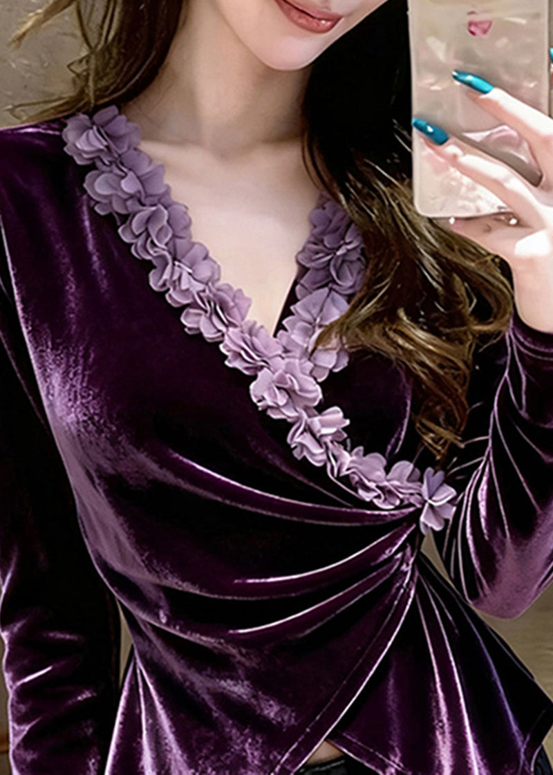Purple V Neck Velour Shirts Spring