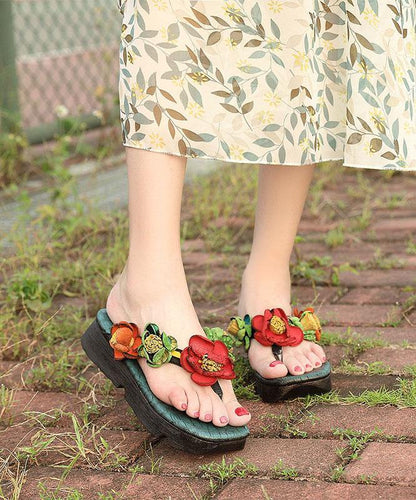 Wedge Thong Sandals Orange Cowhide Leather Flip Flops