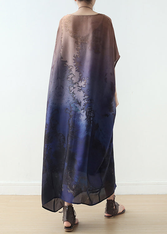 Blue Gradient Color O-neck Draping Print Silk Long Dresses Short Sleeve