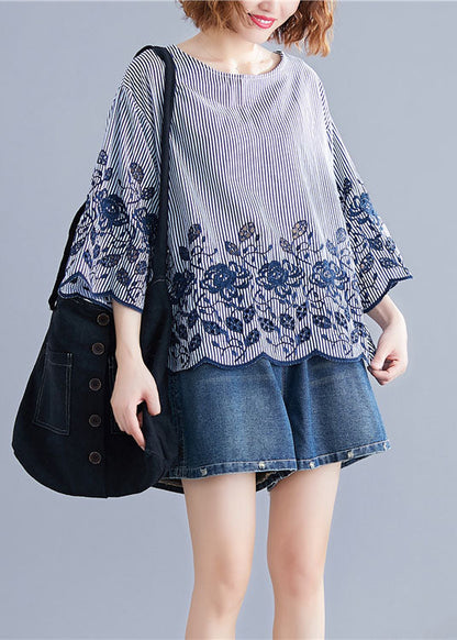 Style Blue O-neck Embroideried Striped Cotton Tops Bracelet Sleeve