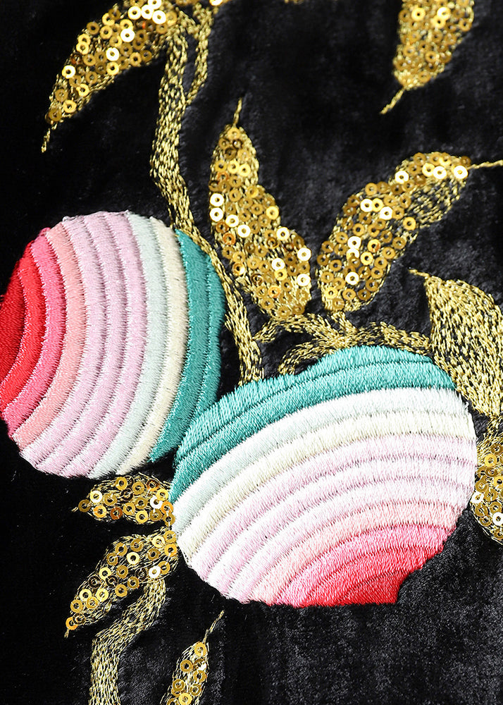 Black Chinese Button Embroideried Silk Velour Coats Long Sleeve