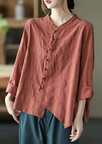 Boutique Brick Red O-neck Asymmetrical Low High Design Button Shirt Long Sleeve