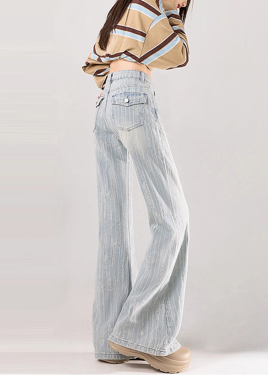 Light Blue Jacquard Striped Denim Flare Bottoms Fall
