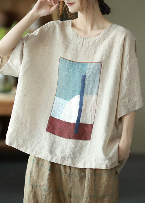 Linen Colour Print Linen Tank O-neck Oversized Short Sleeve