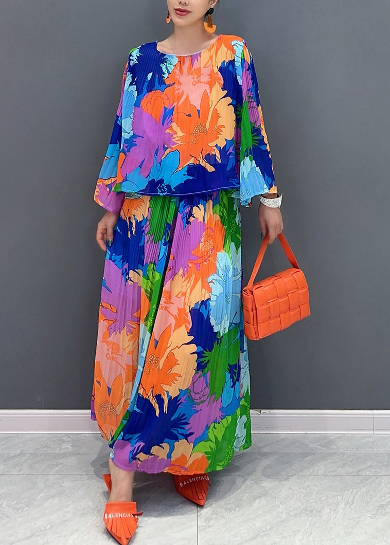 O-neck Wrinkled T Shirts and Maxi Skirts Two Pieces Set Bracelet Sleeve