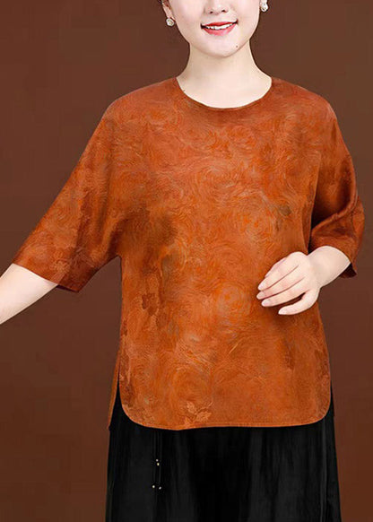 Jacquard Orange O-neck Low High Design Silk T Shirts Summer
