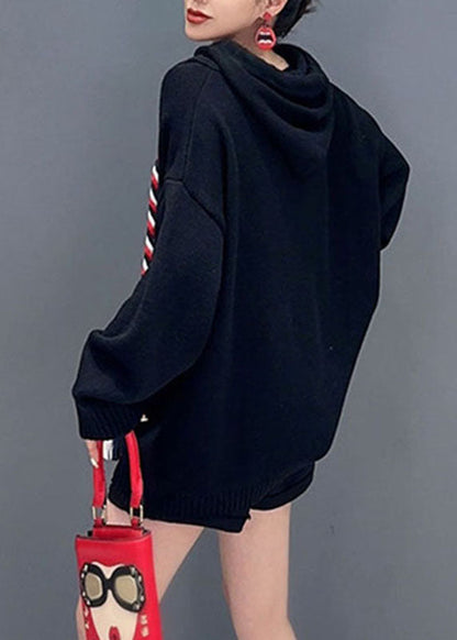 Style Black V Neck Graphic Print Drawstring Sweatshirts Long Sleeve