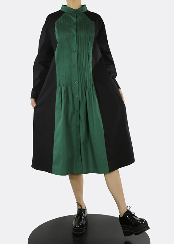 Classy Green Stand Collar Button Patchwork Shirt Dresses Spring