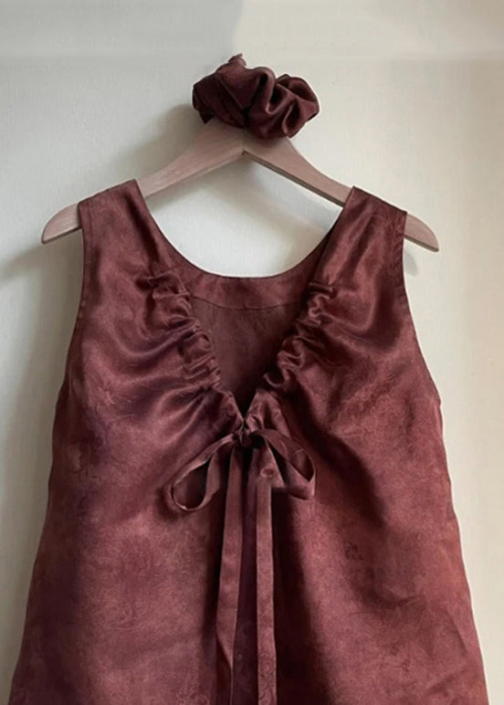 Brown V Neck Lace Up Cotton Tank Sleeveless