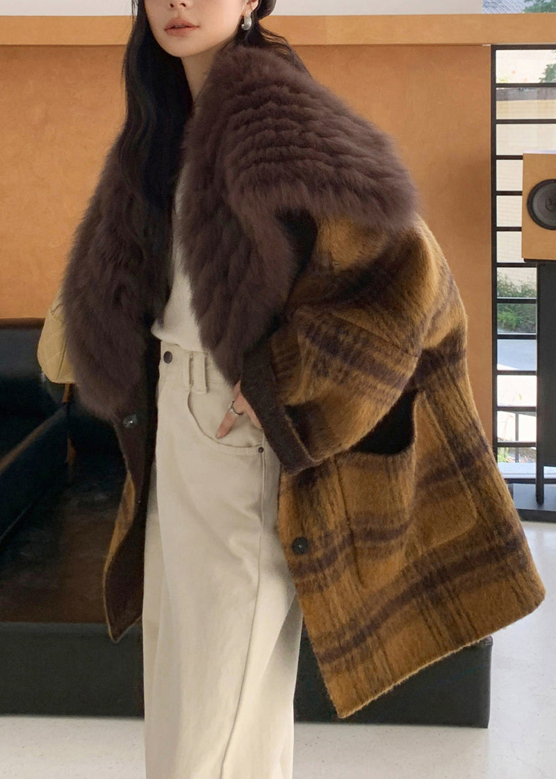 Yellow Fur Collar Plaid Pockets Wear on Both Sides Woolen Coats Fall
