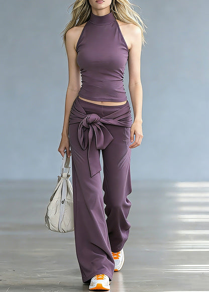 Purple Turtleneck Top and Wide Leg Pants Two Pieces Set Summer