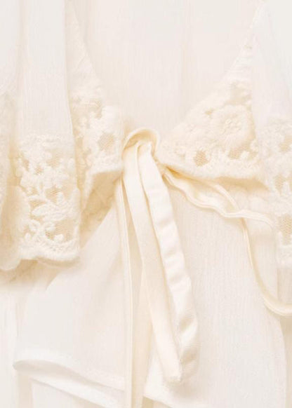 White V Neck Lace Patchwork Chiffon Fall