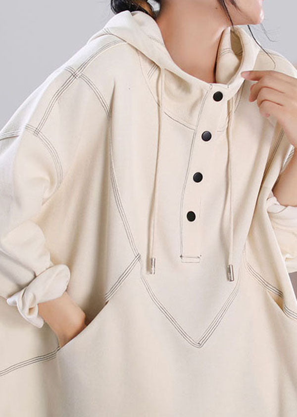Beige Drawstring Hooded Cotton Pullover Long Sleeve