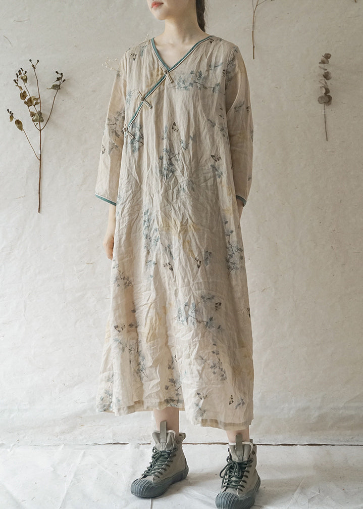 Beige V Neck Print Patchwork Linen Long Dresses Long Sleeve