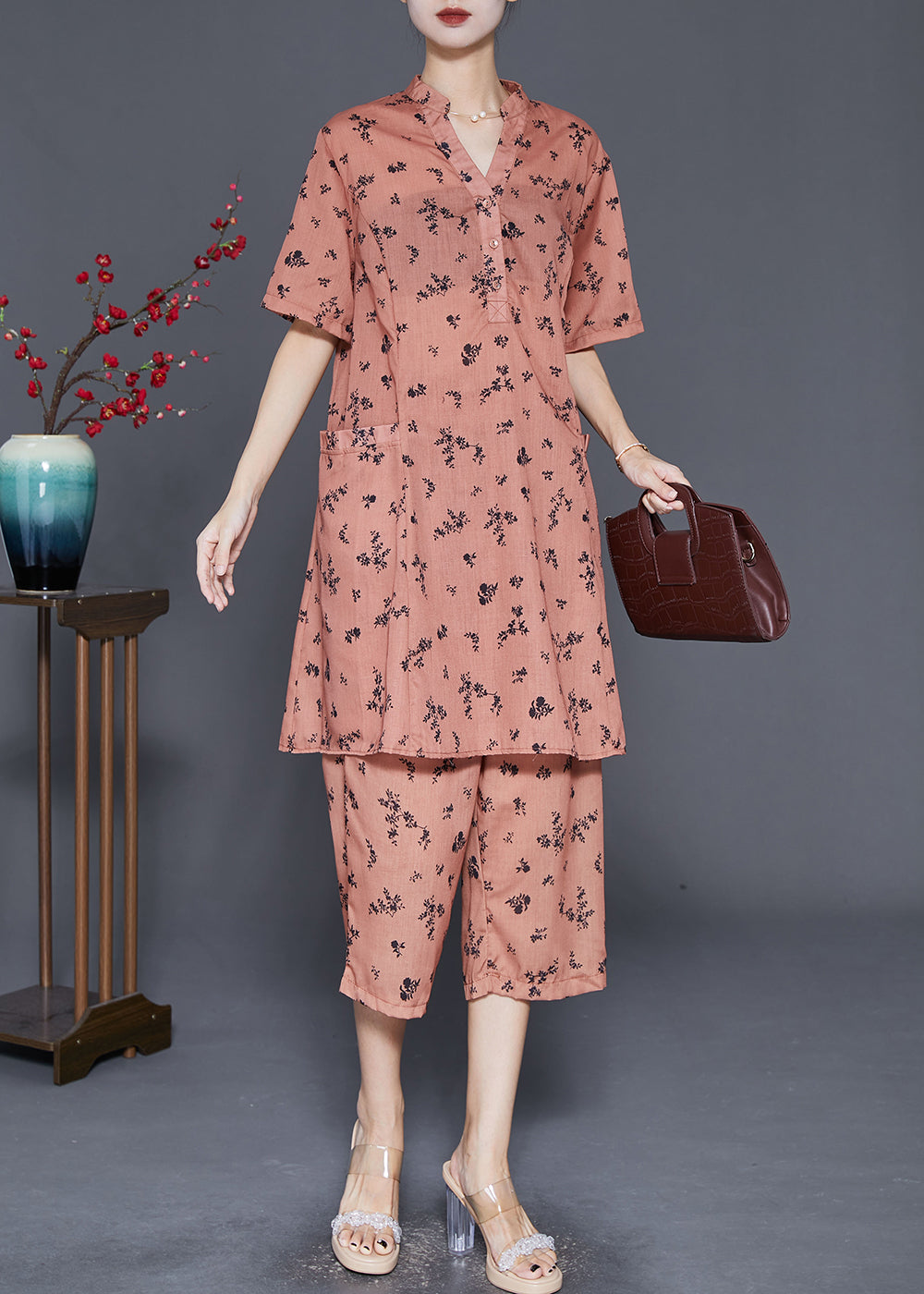 Orange Oversized Print Pockets Cotton Two Pieces Set Summer