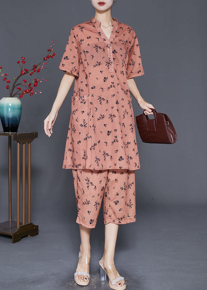 Orange Oversized Print Pockets Cotton Two Pieces Set Summer