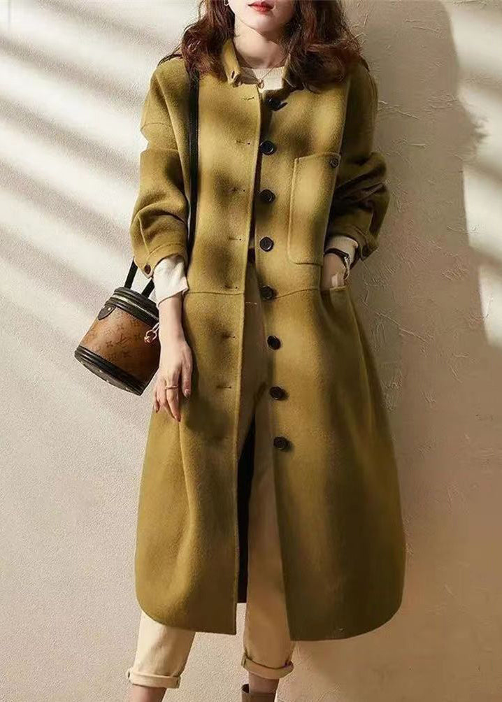 Green Button Pockets Patchwork Woolen Long Coat Fall
