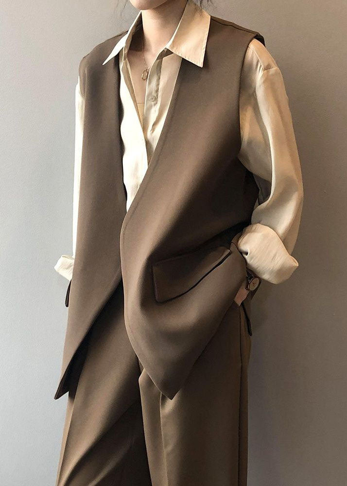 Chocolate Pockets Chiffon Vest Tops Back Side Open Color Sleeveless