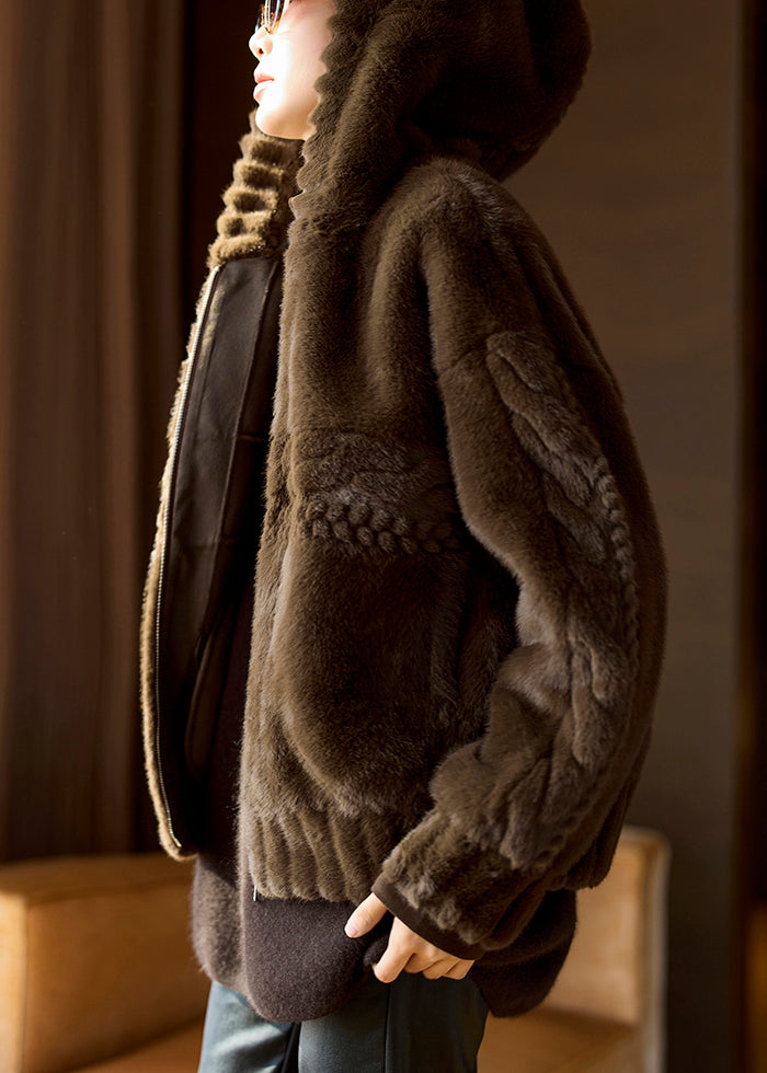 Loose Coffee Hooded Zippered Leather and Fur Coats Winter