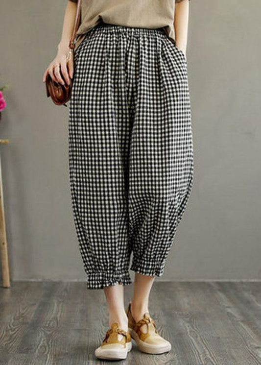 Plaid Elastic Waist Pockets Harem Pants Linen