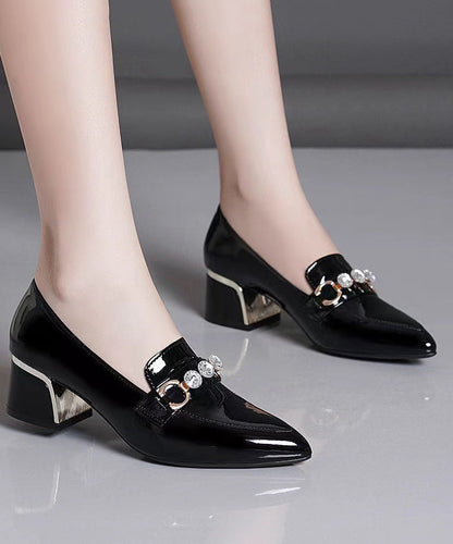 Black Faux Leather Zircon Pointed Toe Chunky Heel