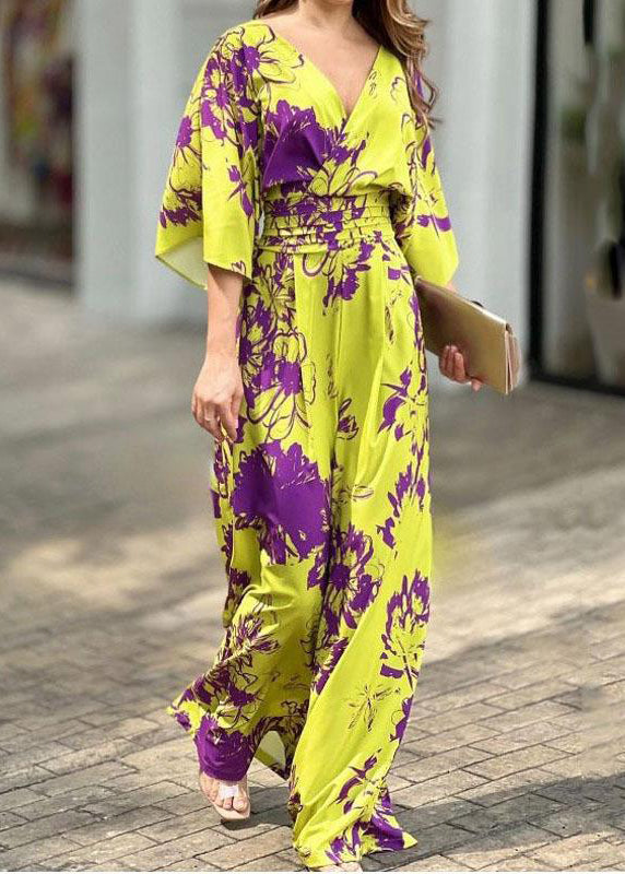 Yellow V Neck Print Cotton Jumpsuit Summer