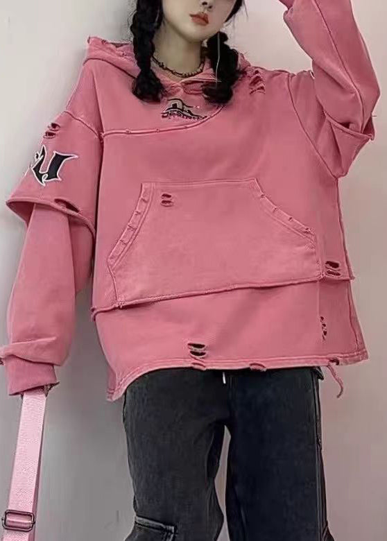 Purple Hooded Hole Pockets Cotton Sweatshirts Fall