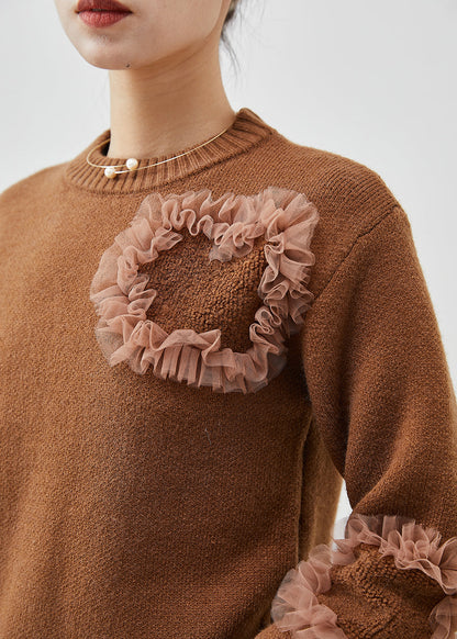 Diy Coffee Ruffled Patchwork Cozy Knit Sweater Tops Winter
