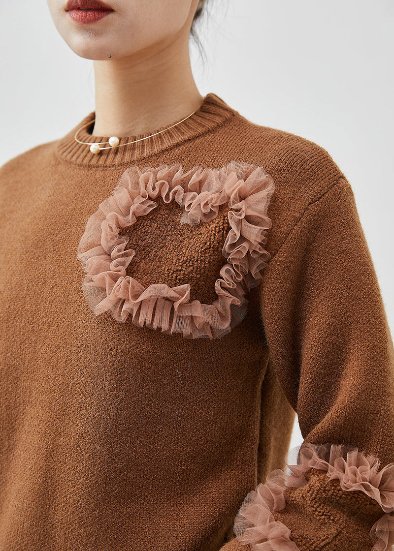 Diy Coffee Ruffled Patchwork Cozy Knit Sweater Tops Winter