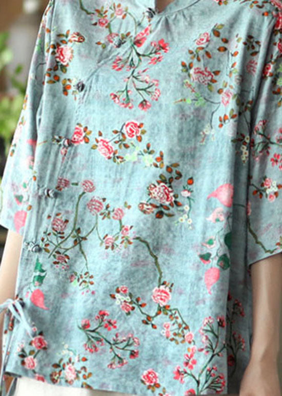Blue Stand Collar Print Chinese Button Linen Shirt Half Sleeve