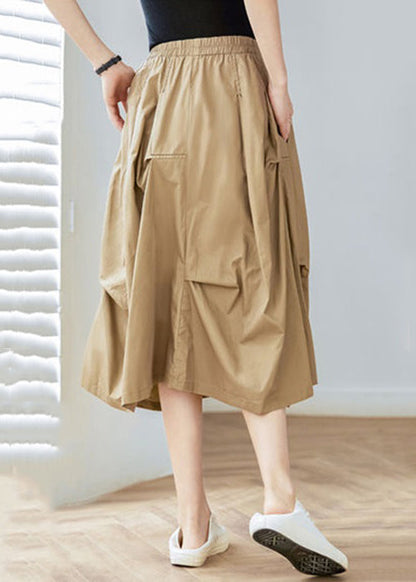 Khaki Pockets Elastic Waist Cotton Skirt Spring