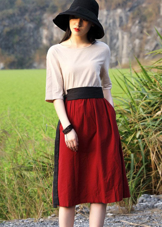 Unique Red O-neck Patchwork Dress Half Sleeve