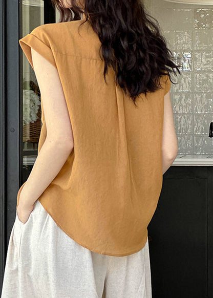 Orange Peter Pan Collar Button Silk Cotton Shirt Summer