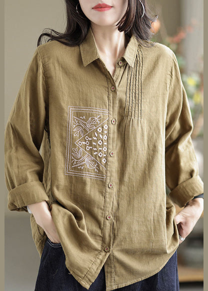 Khaki Lapel Embroideried Wrinkled Linen Shirt Tops Spring